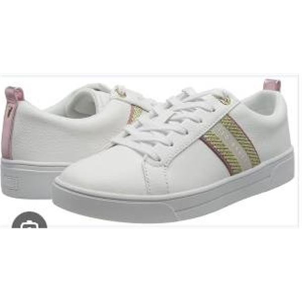 Ted Baker White Lace-Up Sneakers with Gold And Black Stripe Detail