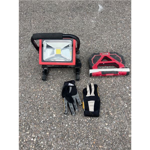 Portable LED Work Light, Red Safety Base, and Protective Gloves Set