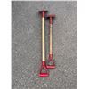 Image 1 : Two Red Handheld Multi-Tooth Ground Rake Tools with Wooden Handles