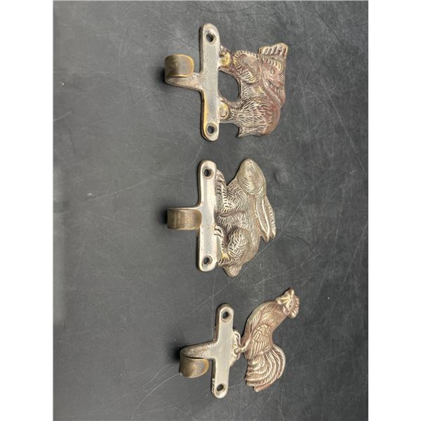 Three Metal Animal-Themed Wall Hooks With Squirrel, Rabbit, and Rooster Designs