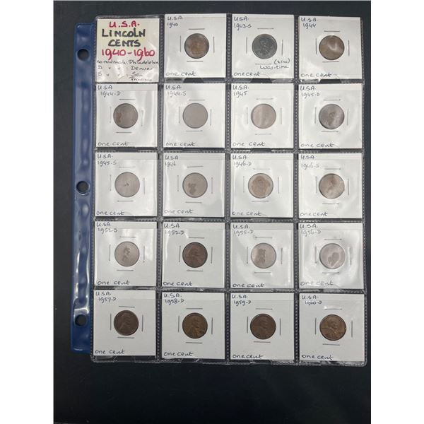 USA Lincoln Cents (1940-1960) in Coin Sheet