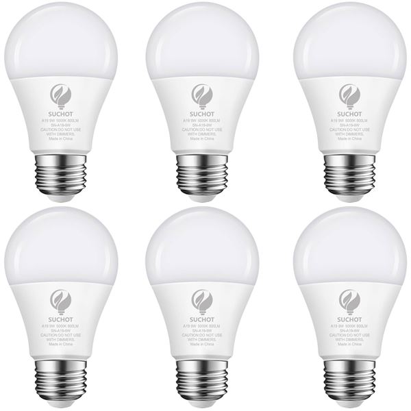 Suchot LED 9W A19 Non-Dimmable Light Bulbs, 800 Lumens, 6-Pack x 2