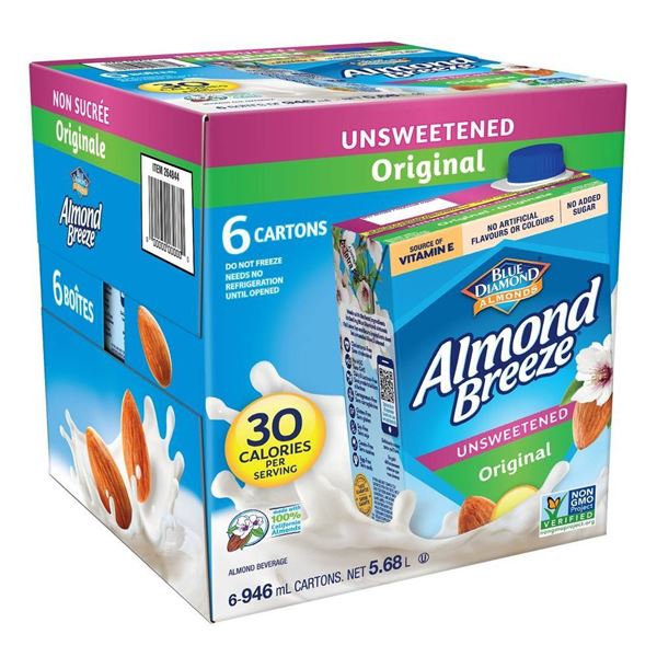 Blue Diamond Almond Breeze Unsweetened Almond Beverage, 6-Carton Set, 946 mL Each