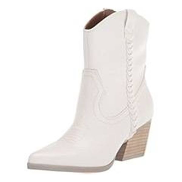 Women’s White Western Boots with Braided Accents and Wooden Heel Size 11