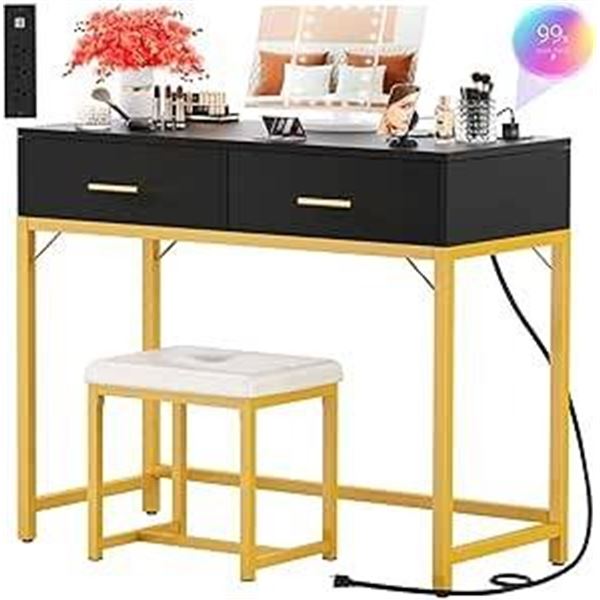 Cyclsio Vanity Desk with Tri-Fold Lighted Mirror and Stool