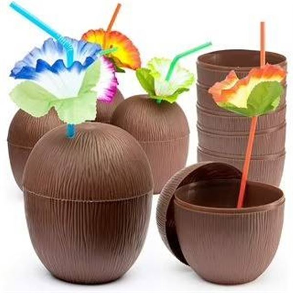 Prextex Coconut Cups with Hibiscus Straws – 18 Pieces