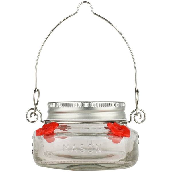 Mason Jar Hummingbird Feeder Set, Qty 9, Red Glass Design
