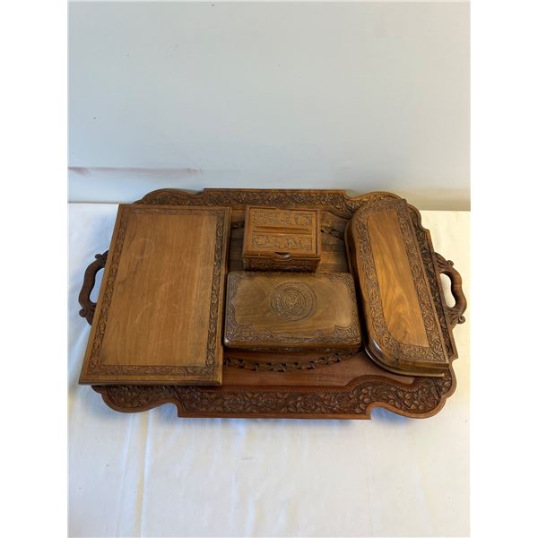 Carved Tray & Storage Boxes