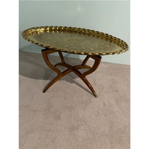 Brass Tray Table on Folding Wooden Stand