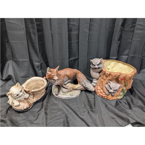 Cat Planter w/ Boot, Fox Statue, and Racoon Planter Vintage