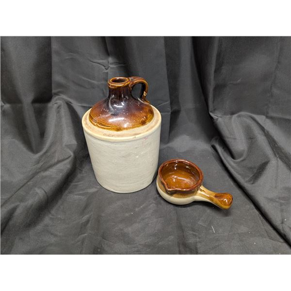 (1) Pickling Crock/Whiskey Stoneware Jug Crock and Stoneware onion Soup Bowl