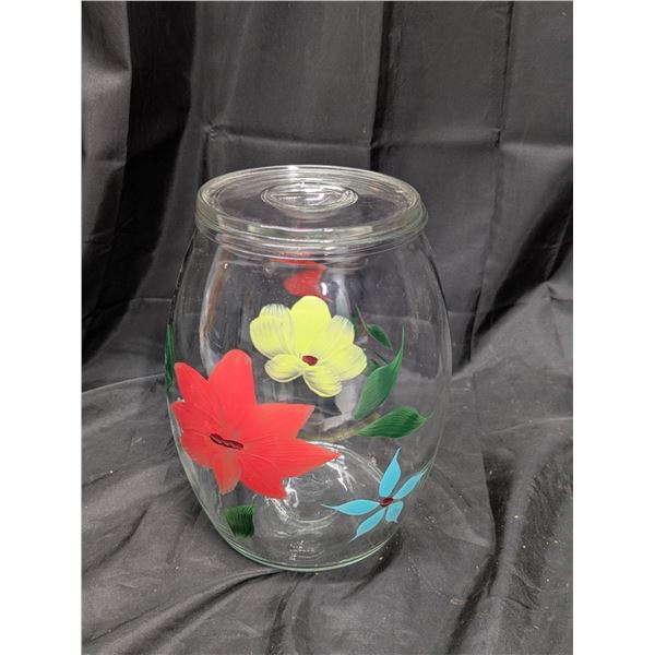 Vintage 1950s Glass Cookie Jar, Painted Flowers