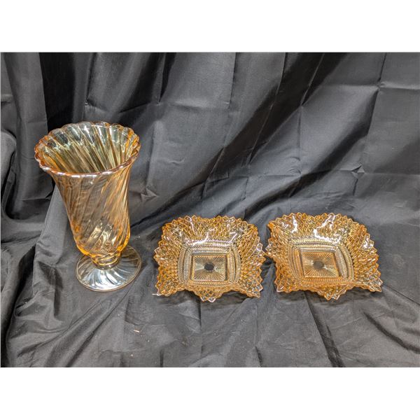 Lot of Vintage Carnival Glass (1) Vase and (2) Candy Dishes