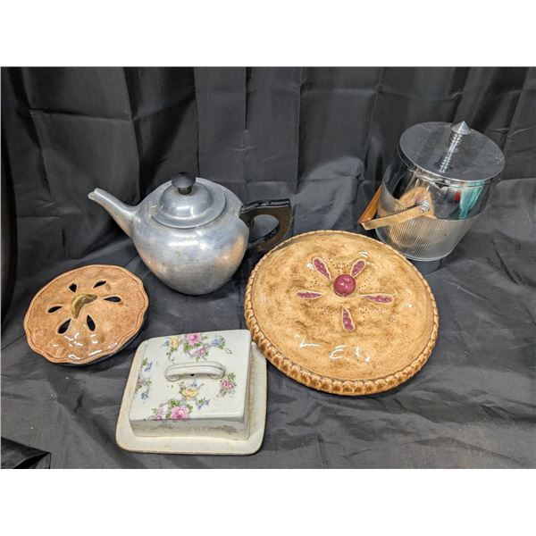 Vintage Lot of Dishware (Pie Saver, Cheese Dish, Ice Bucket, Kettle)