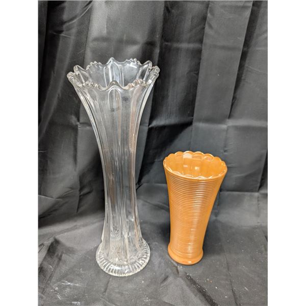 Vintage Orange Luster Vase and Tall Clear Vase