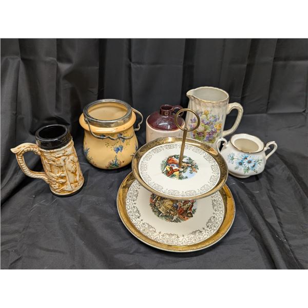 Lot of Vintage items (Crock Jug, Tiered Tray, Biscuit Jar, and etc.)