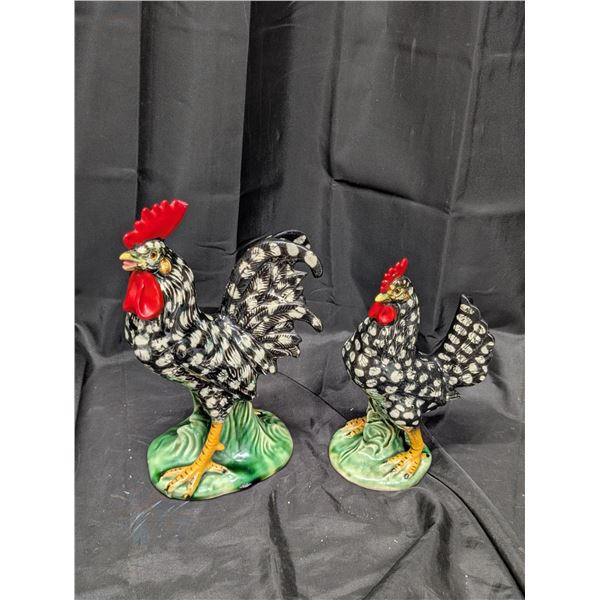 (2) Vintage Glass Hen and Rooster Black and White Figurines