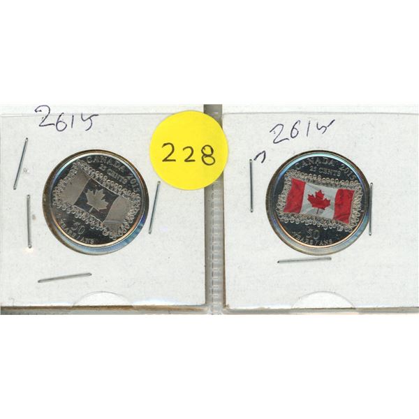 2015 Canadian 50th Anniversary of the National Flag of Canada - Colored and Uncolored 25 Cents Coin.