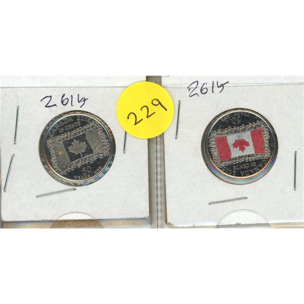 2015 Canadian 50th Anniversary of the National Flag of Canada - Colored and Uncolored 25 Cents Coin.