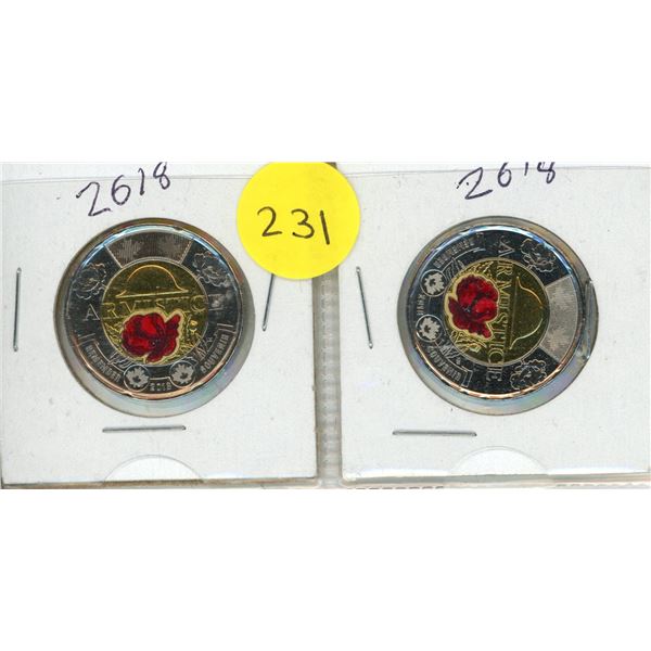 (2) 2018 Canada $2 Armistice Colored Uncirculated Coin.