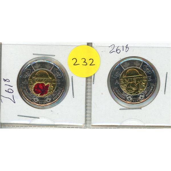 2018 Canada $2 Armistice Colored and Uncolored Uncirculated Coin.