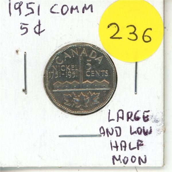 1951 Canadian Large and Low Half Moon 5 Cents Coin.