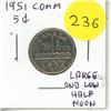 Image 1 : 1951 Canadian Large and Low Half Moon 5 Cents Coin.