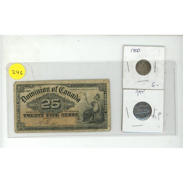 1900 Dominion of Canada Shinplaster, 1900 Canada 10 Cents and 1951 Canada 5 Cents.