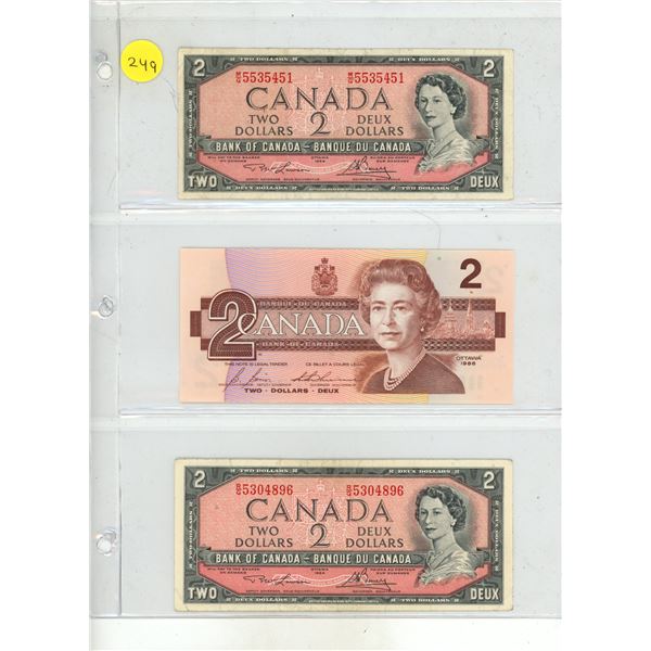 (2) 1954 and (1) 1986 Canada Two Dollars.