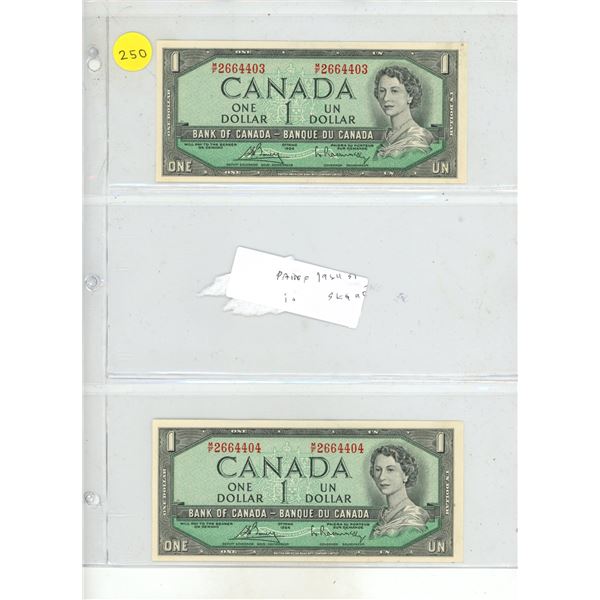 (2) 1954 Canada One Dollars in Sequence.