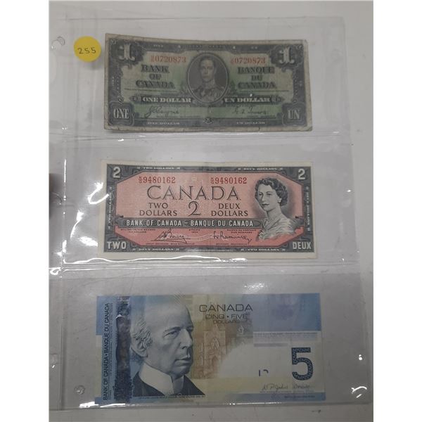 1937 Canada One, 1954 Canada Two,  2006 Canada Five Dollars.