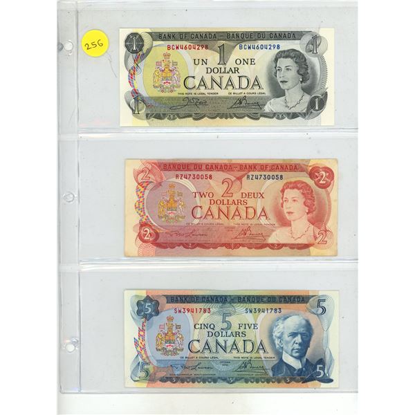 1973 Canada One, 1974 Canada Two, 1972 Canada Five Dollars.