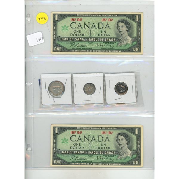 (2) 1967 Canada One Dollars and 1967 Canada 25, 10, 5 Cents Coins.