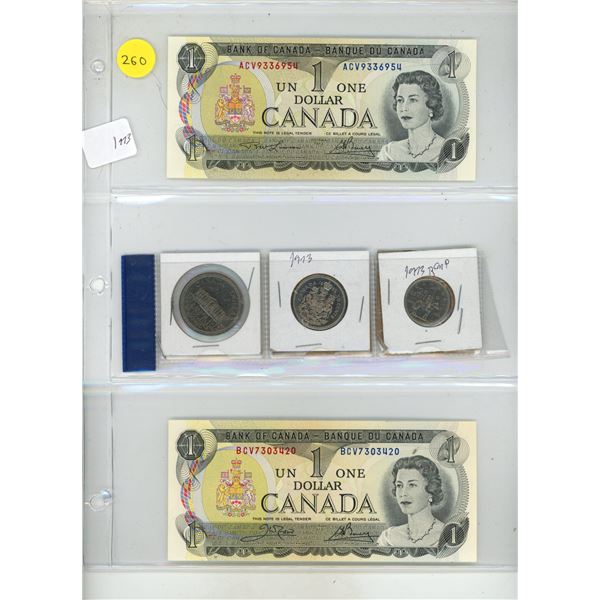 (2) 1973 Canada One Dollars and 1973 Canada 1 Dollar Coin, 50 Cents, 25 Cents Coin.