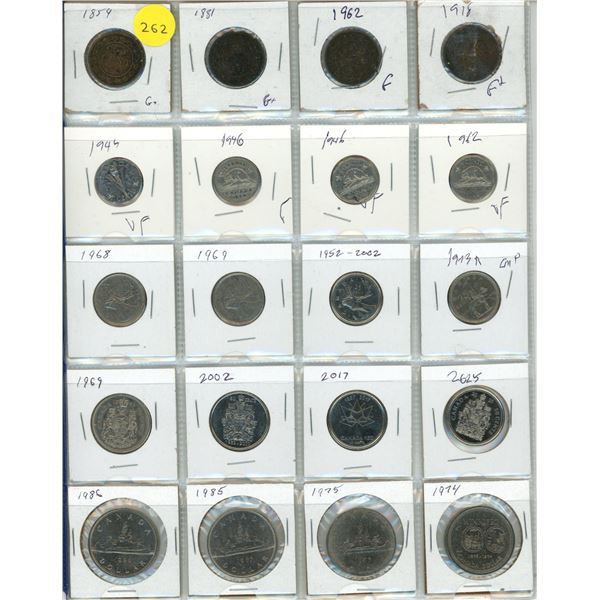 Lot of Canada Large One Cents, 5 Cents, 25 Cents, 50 Cents and 1 Dollar Coins.