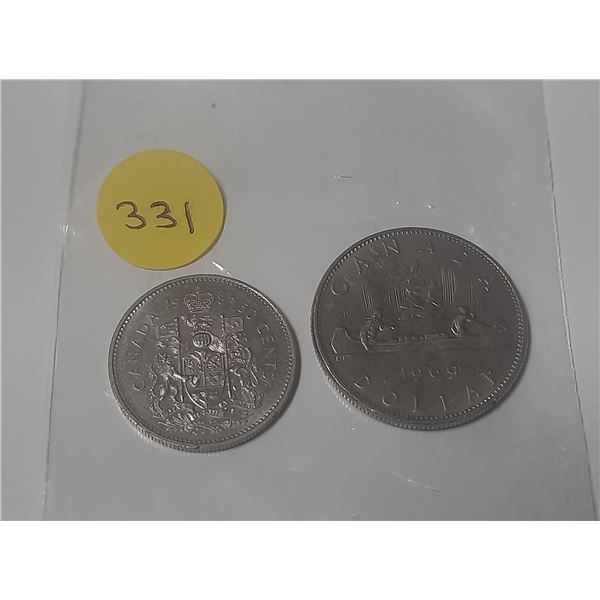 1985 Canada 50 Cents and 1969 Canadian 1 Dollar Coins.