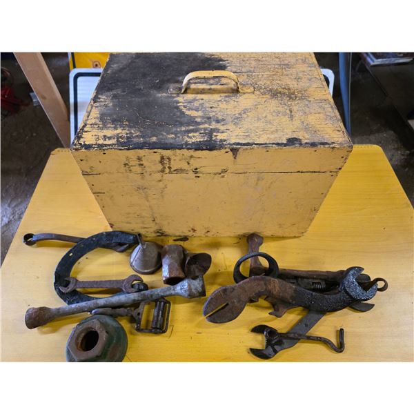 Lot of antique tools and storage box
