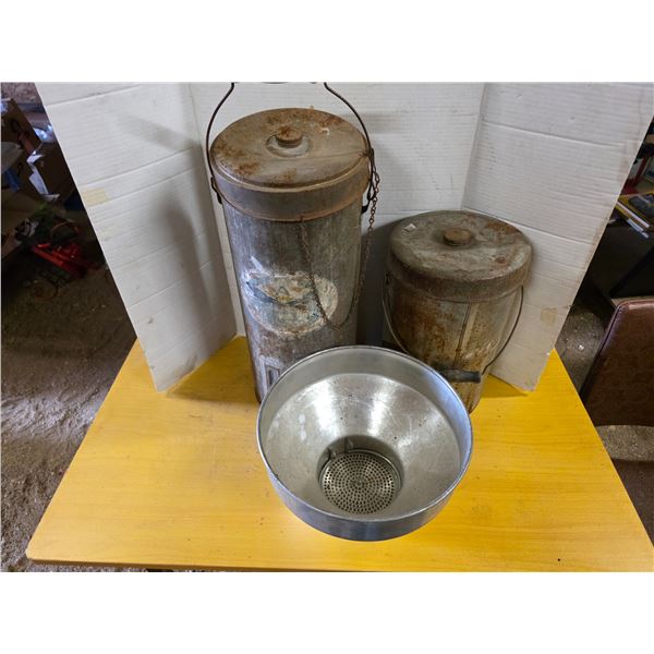 2 milk cans and milk strainer- 2 gallon and 3 gallon
