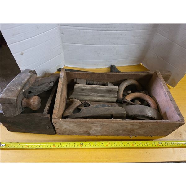 Lot of carpentry tools, sad irons, and crate