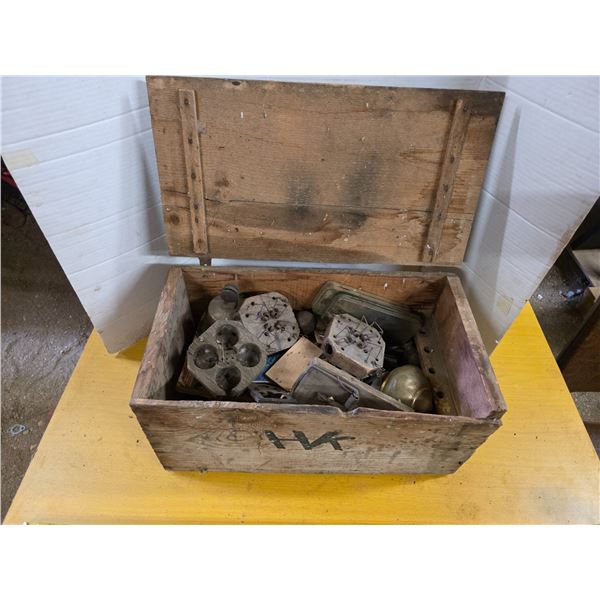Crate of collectibles - antique mouse traps, etc.