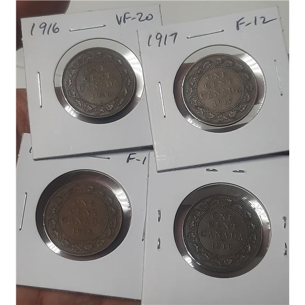 Lot of 4 Canadian Large Cents: 1916, 1917, 1918 & 1919. F-12 – VF-30.
