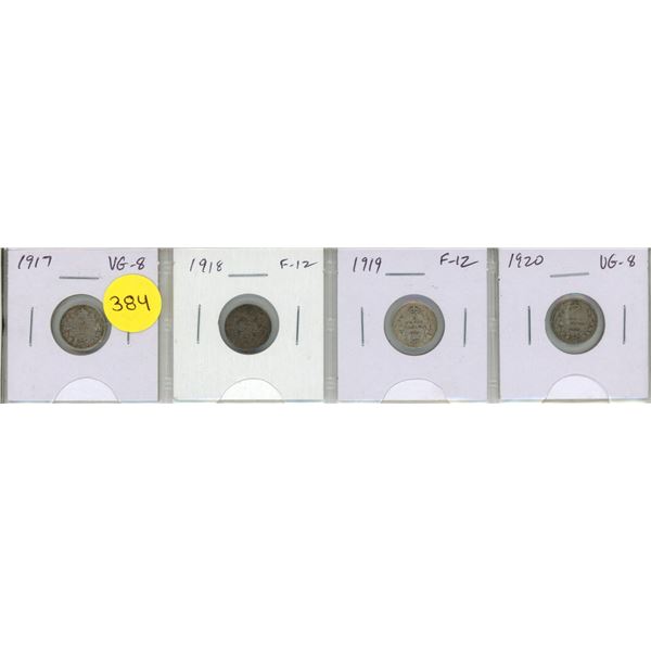 Lot of 4 Canadian Silver 5 Cents: 1917, 1918, 1919 & 1920. VG-8 – F-12.