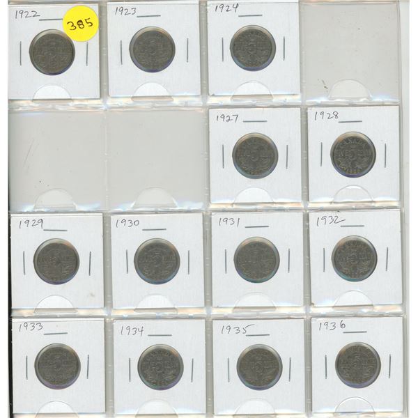 Lot of 13 Canadian King George V Nickel 5 Cents 1922 – 1936. Missing only 1925 and both 192