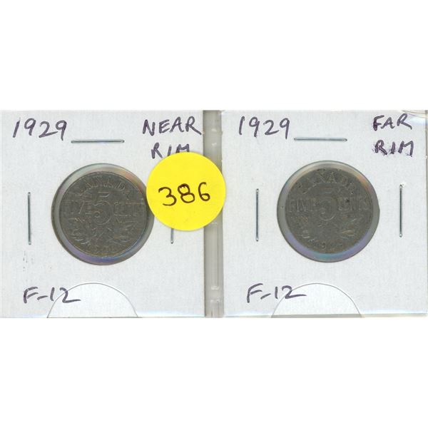 Complete set of 2 Canadian 1929 Nickel 5 Cents Near and Far Rim varieties. F-12.
