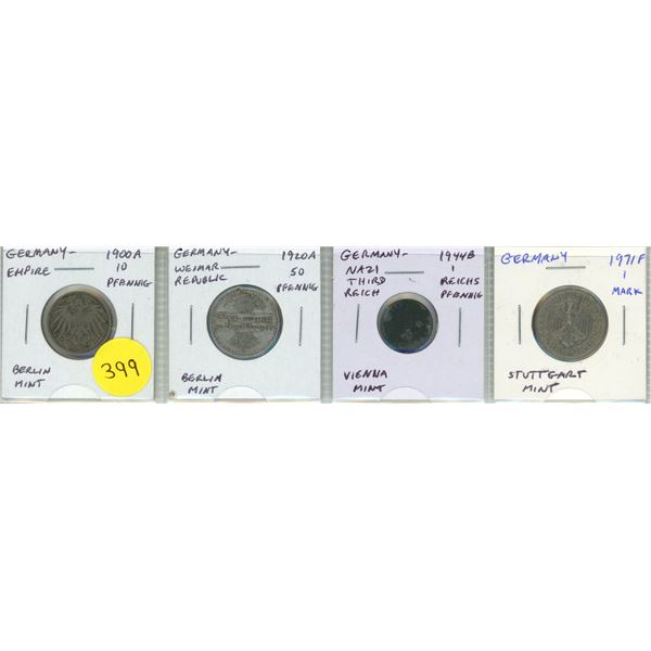 Lot of 4 German coins. Includes Empire, Weimar Republic, Nazi Third Reich and Republic.