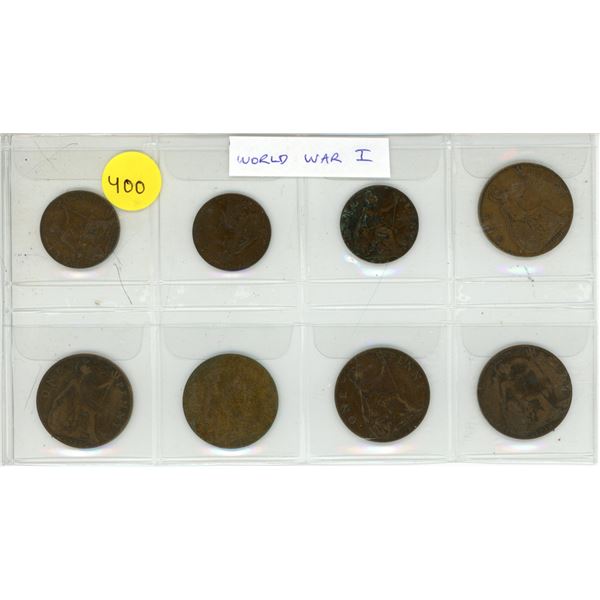 Lot of 8 British World War I coins. Includes 3 half pennies and 5 pennies.
