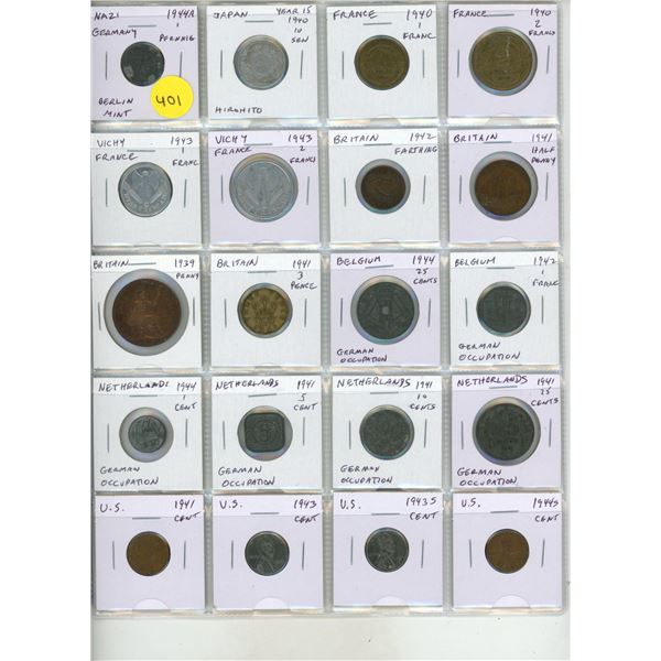 Lot of 20 World War II coins from Germany, Japan, France, Britain, Belgium under German occupation, 