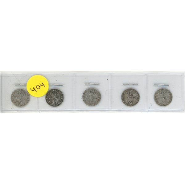Complete set of 5 British World War I Silver 3 Pence 1914 – 1918. Sterling Silver.