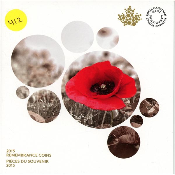 2015 Remembrance Coins. Includes Colourized and regular Poppy 25 Cents, as well as a special Toonie 