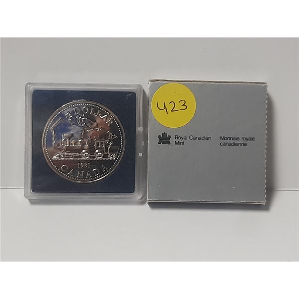 1981 Specimen Silver Dollar. Commemorates the beginning of the Trans-Canada Railway by the CPR. Hous